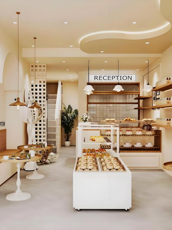 甜品店裝修效果圖，淺色奶風格